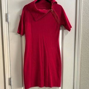 Calvin Klein knit fuschia/pink dress size M. Gold asymmetrical zipper design.